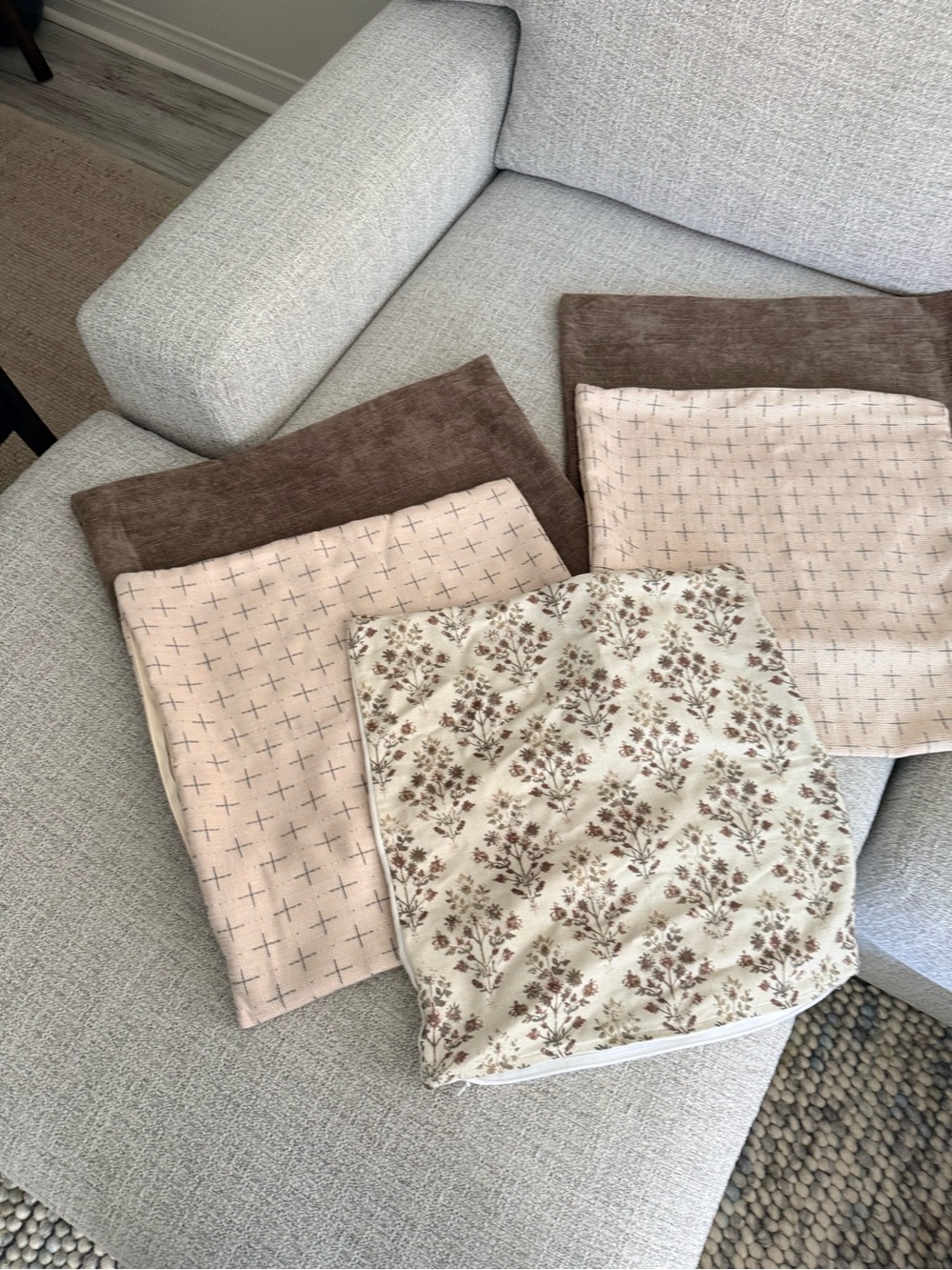 Neutral Floral and Solid Pillow Covers Set - Beige, Brown